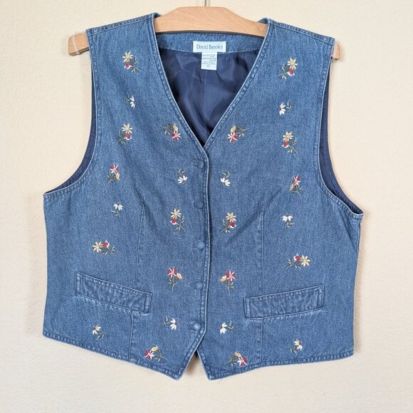 VTG 90s David Brooks Denim Vest Floral Embroidered Lined sz L Cottagecore Fairy - Picture 1 of 7